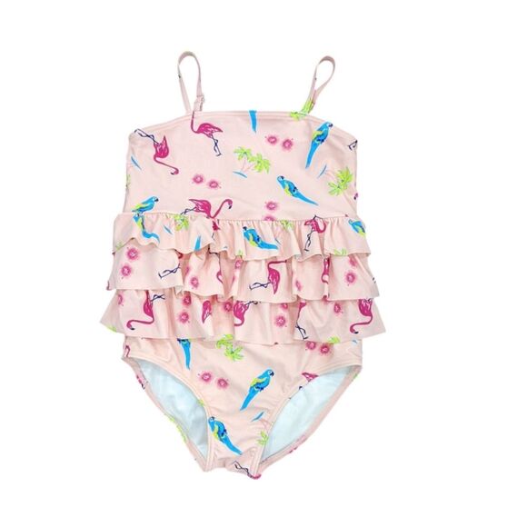 Tucker + Tate Pink Flamingo Parrot Palm Tree Ruffle One Piece Swimsuit Girl Sz 8 - Picture 1 of 4